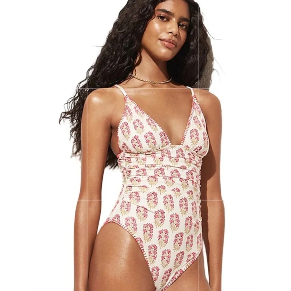 J. Crew Ruched Plunge One-Piece Swimsuit Womens 8 Berry Block Print Boho Beach